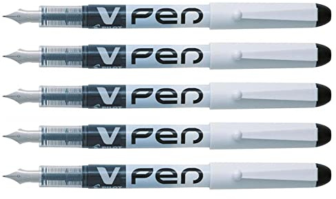 PILOT V-Pen Einweg-Füllfederhalter, radierbar, mittlere Spitze, Schwarz, 5 Stück