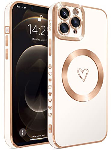 ECZOIL Compatible with iPhone 11 Pro Max Case MagSafe,Full Camera Lens Protection Luxury Electroplated Cute Heart Magnetic Case for iPhone 11 Pro Max for Women Girls-White