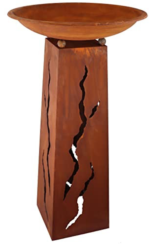 Rostikal Metall Dekosäule 115 cm mit Blumenschale Vintage Gartendeko Terrasse Flammen Motiv