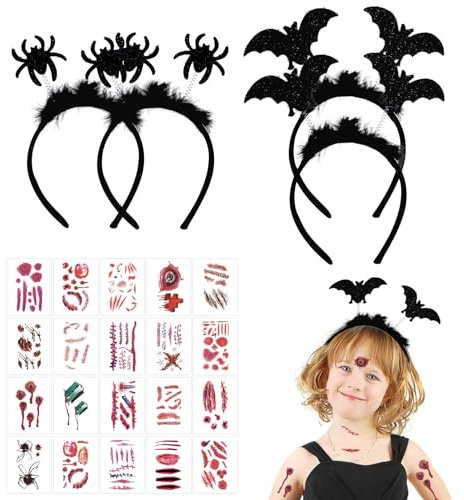 GAROMIA 2 Fledermaus Haarreifen 2 Spinne Headband 20 Narben Tattoo Bat Headband Vampir Haarreifen Cospaly Gothic Stirnband für Kinder Erwachsene Karneval Fasching Party