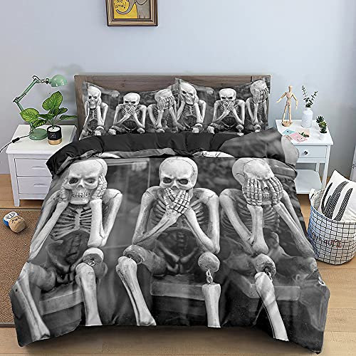 Totenkopf Bettbezug Set, superweiches, schwarz graues Rock Bettwäsche Set, Halloween Spaß, Totenkopf Bettbezug Set, Totenkopf Knochen Bettbezüge für Kinder und Teenager 135 x 200cm