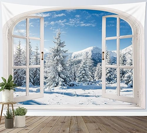 MEUNEAR Winter-Tapisserie, Schnee, Kiefernbaum, Wald und Berge, Naturlandschaft, Außenfenster, Wandbehang, Weihnachts-Tapisserie für Schlafzimmer, Wohnzimmer, Wohnheim, Party, Wanddekoration, 101,6 x