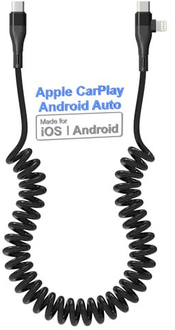 Cable USB C enrollado a Lightning Apple Carplay y Android Auto, [Certificado MFi] para coche con sincronización de datos, cargador iPhone 15 14 13 Android