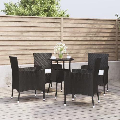 CIADAZ 5-TLG. Garten-Bistro-Set mit Kissen Schwarz Poly Rattan Bierzeltgarnitur, Gartenbar, Biertisch Bierbänke, Essgruppe, Gartenmöbel Set, Balkonmöbel, 3187415