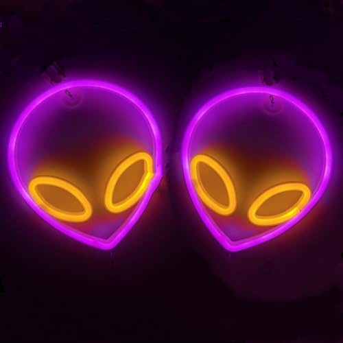 2 Neon Schilder Alien Neonlicht Wanddekoration Spielzimmer ästhetisch Alien Neon Schild, batterie oder USB betrieben Neonlichter leuchten für Schlafzimmer Kinderzimmer Bar Zuhause (Rosa + Warmweiß)
