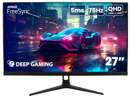 DeepGaming Monitor 27 pollici QHD IPS, 75Hz, 5ms, LED, 16:9, altoparlanti integrati 2 x 3 W, tecnologia FreeSync, ingressi HDMI e DisplayPort, VESA 100 x 100, nero