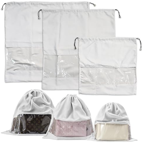 LELE LIFE 3Pcs Staubbeutel für Handtaschen und Geldbörsen, Samt Drawstring Handtaschenschutzbeutel mit klarem Fenster, Schuh Handtasche Staubschutzbeutel für die Lagerung und Reise, 3 Größen, Grau
