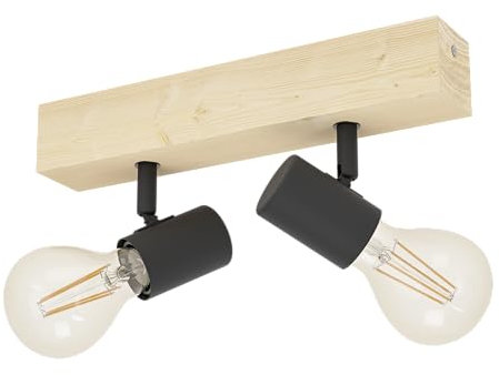 EGLO Deckenlampe Townshend 3, 2 flammiger Vintage Deckenspot im Industrial Design, Retro Lampe aus Stahl und Holz, schwarz, braun, E27 Fassung, FSC zertifiziert