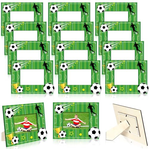 Burbell Bilderrahmen für Sportler, Leichtathletik, passend für 10,2 x 15,2 cm, Fotorahmen aus Holz, für Sportler, Trainer, Team, Geburtstag, Sport, Motto-Party, Geschenke (Fußball), 12 Stück