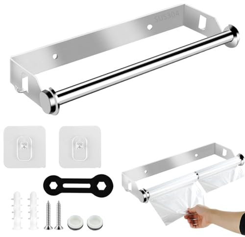 Porta Rotolo da Cucina 28CM,Portarotoli da Cucina da Parete,Portarotolio da Cucina Parete Muro,per Cucina,Bagno,Involtini di Carta Sospesa,Involucro di Plastica o Asciugamano (Argento)