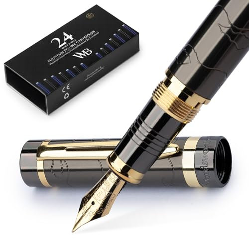 Wordsworth & Black Primori Füllfederhalter-Set [Gunmetal Gold]; Feine Feder, Geschenk-Etui, 24 Tintenpatronen, Nachfüllkonverter, Anleitung; Tagebuchführung, Kalligrafie, Flüssiges Schreiben