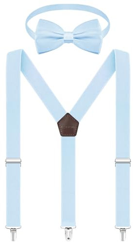 Fevaeno Hosenträger Fliege Set, Breit 2.5cm Y Form mit 3 Starken Clips, Einstellbar und Elastisch Einheitsgröß Hosenträger für Herren und Damen Hellblau