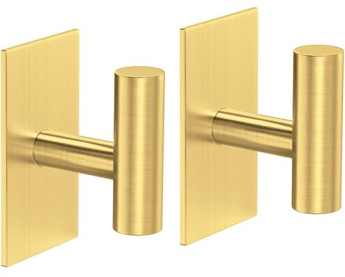 Gewtur Self Adhesive Hooks, Heavy Duty Stick On Wall for Hanging, Bathroom & Kitchen Sticky Gold Coat & Robe Hooks, Stainless Rustproof, 2 Pack