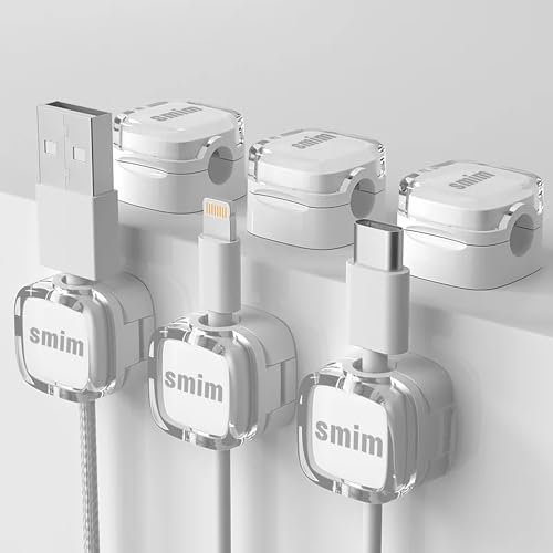 6 Pack Cable Tidy Clips Adjustable Cord Organiser Magnetic Cable Management Self Adhesive Wire Holder for Desk, Nightstand, Charging Cables, HDMI, USB, Audio Cable, Office, Home, (White)