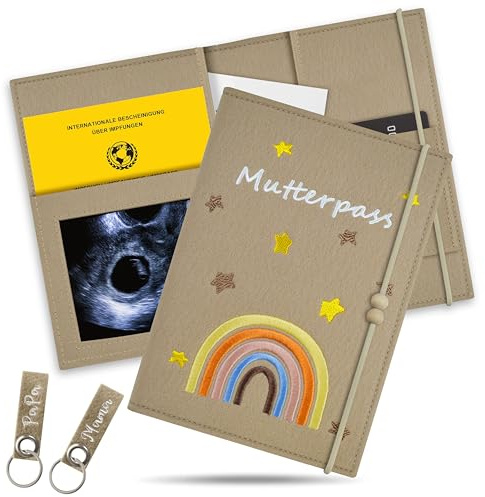 Aufisi Mutterpass Schutzhülle, Filzhülle mit Fächern für Versicherungskarten fur Ultraschallbilder Aufbewahren, Impfpass, mit 2 Schlüsselanhänger Mutterpasshülle Personalisiert, Khaki