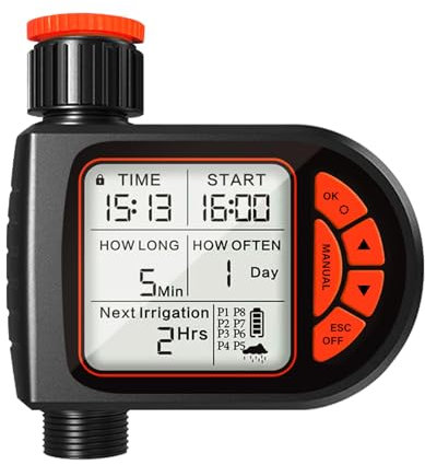 Programador Riego Automatico Temporizador Riego 8 Programas Independientes/Estanqueidad IPX5/Sensor de Lluvia/Bloqueo para Niños/Riego Manual, Ordenador de irrigación para Piscina de Césped Jardín