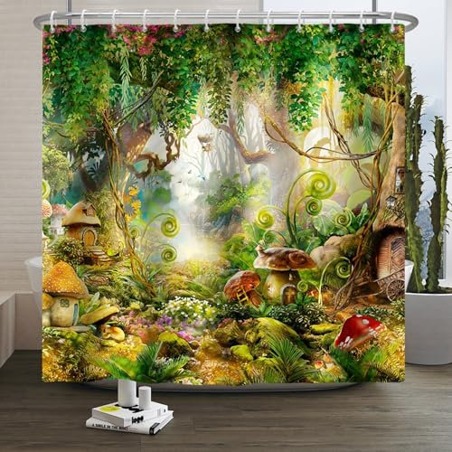 Xiaoterna Rideau de Douche forêt de Conte de fées Rideau de Douche Champignon Vert Arbre Herbe Printemps Forêt enchantée Jungle Rideau de Douche Tissu imperméable et Lavable en Machine 240x180cm