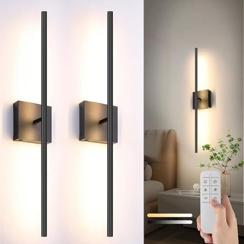 XLERDZSW Battery Operated LED Wall Sconces Set of Two, Black Rechargeable with Remote Control 3000K-6000K Dimmable 350°Rotate, Wall Light for Living Room Stairs Hallway Bedroom