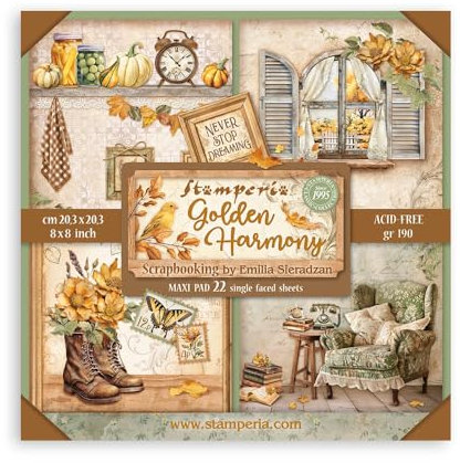 Stamperia - Scrapbook Paper Pad for Scrapbooking, Albums, Card Making, Bullet Journalling and More, Acid Free, Single Face, Perfect for Hobbies, Crafts, and Gifting (Golden Harmony) (20.3 x 20.3cm)