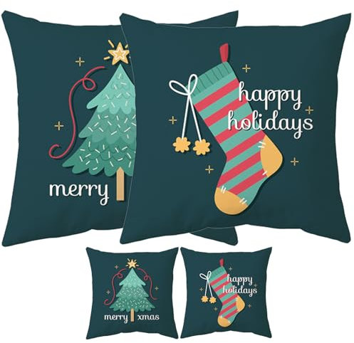 POPOYU 2 Stk Kissenbezug Weihnachten, 45x45cm Weihnachtskissenbezug Kissenbezug Grün Deko Kissenbezug Baumwolle Leinen Xmas Weihnachtsbaum Weihnachtsstrümpfe Zierkissenbezug Weihnachtsdeko Cover Couch