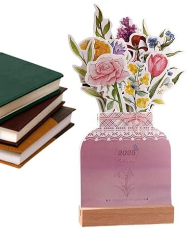 Blumenkalender 2025,Tischkalender 2025 Blumen,2025 Tischkalender Mit Holzsockel,blühender Blumen-Tischkalender,Abnehmbarer Tischkalender, Tischkalender Für Büro-Schreibtisch-Dekoration