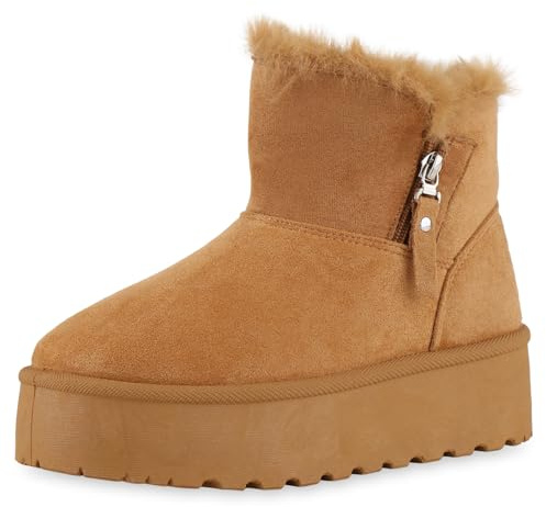 VAN HILL Damen Winter Boots Plateau Kunstfell Bequem Schuhe 216520 Hellbraun 36