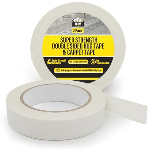 SOL Lot de 2 rubans adhésifs double face super résistants pour tapis et moquette – Adhésif extra fort, adhérence robuste, sans résidus, tenue durable pour planchers en bois dur, carrelage, escaliers