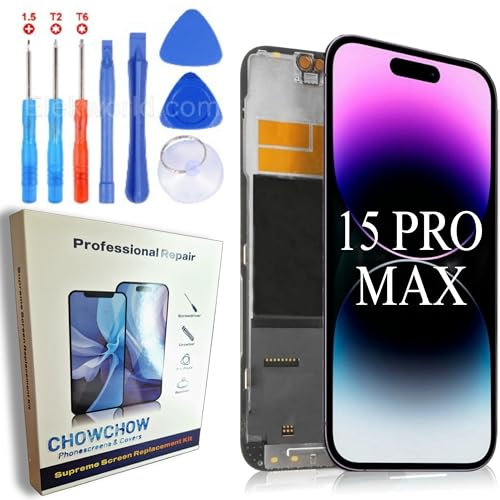 CHOWCHOW IPHONE 15 PRO MAX LCD/OLED AND FRAME SCREEN REPLACEMENT, KIT WITH TEMPERED GLASS SCREEN PROTECTOR 9H HARDNESS, DISPLAY WITH REPAIR TOOLS, PROFESSIONAL GRADE KIT SMARTPHONE LCD/OLED SCREEN