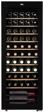 SIA HSWC150BL/G Freestanding Under Counter 150L Wine Cooler Fridge, 58 Bottle Capacity, Glass Door, Wooden Shelves, Digital Display and LED Light, Black, 2 Years Parts and Labour Guarantee