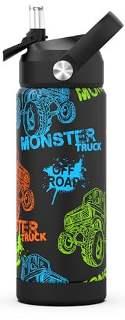 Ntswasd Gourde Isotherme Pour Enfant Avec Paille,acier Inoxydable - 550 Ml- Sans Bpa - Anti-fuite - Bouteille D'eau Isotherme Pour L'école,la Maternelle(Monster Trucks)
