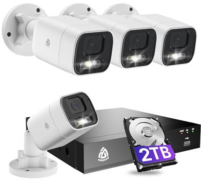 AKINGUAR 8CH 5MP Home Security Camera System, 8 Ports 4K NVR with 2TB HDD, 4 x 5MP Outdoor PoE IP Cameras, Person/Vehicle Detection, 2-Way Audio, Color Night Vision, Spotlight Siren, 24/7 Recording