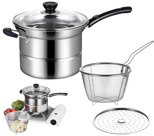 Deep Fryer Pot, Stainless Steel Multifunctional Cooking Pot with Lid, Multi-Purpose Kitchen Accessories for Noodles, Vegetables, Stews, Steamed Dishes