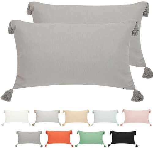 Viste tu hogar Pack 2 Funda de Cojín 100% Algodón con Borlas, Cremallera Oculta, Tejido Suave y Transpirable, Estilo Bohemio Chic para Salón, Dormitorio o Terraza, Griso, 30X50CM