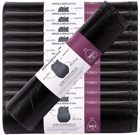 BLiX - Schwerlast Müllsäcke 240L | Reißfest & unauffällig | Ideal für Bau, Garten & Gastronomie | Müllbeutel für 240 Liter Tonnen, Schwarz, 5 Stück (12er Pack), Kunststoff