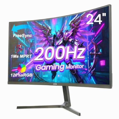 ZZA 24 Curved Monitor, FHD 1920×1080P 200Hz, 120% sRGB, Ultra-Thin Bezel Design, Low Blue Light & Flicker Free, Computer Monitor for Home, Office, Gaming (HDMI, VGA)-Black