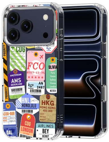 MOSNOVO Case for iPhone 17 Pro, [Buffertech 6.6ft Military-Grade Drop Protection] [Camera Control] Clear TPU Bumper Phone Case - Air Ticket Labels
