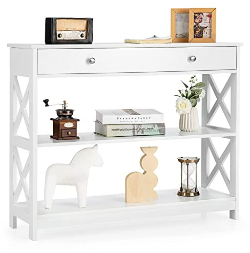 FANTASK Standregal aus Holz, 3 Ebenen Beistelltisch mit Schublade, Konsolentisch, Flurtisch für Wohnzimmer, Eingang & Schlafzimmer, 100 x 30 x 80 cm (Weiß)