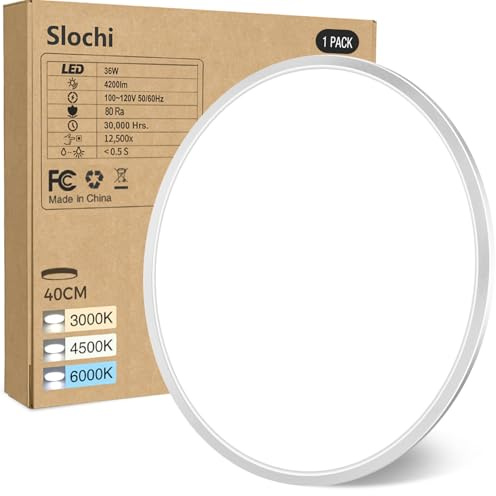 slochi Deckenlampe LED Deckenleuchte Flach 36W, Ø40CM, 3Farben 3000K/4000K/6500K, IP44 Badlampe, 4200LM LED Lampe Decke Küchenlampe für küche Badezimmer Schlafzimmer Flur Wohnzimmer, Nickelfarbe