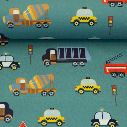 Baumwollstoff Kinder Motive Meterware – 100 % Baumwolle – 147 cm breit – Öko-Tex Standard 100 – ideal für Schultüten, Kinderkleidung, Kissen, Deko – ab 50 cm (Fahrzeuge, mint)