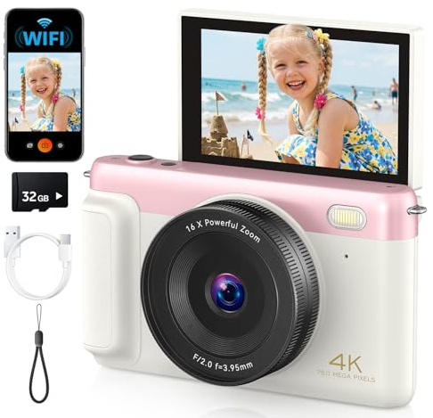 4K Digital Camera with Flip Screen, Pink, Compact Camera for Photography