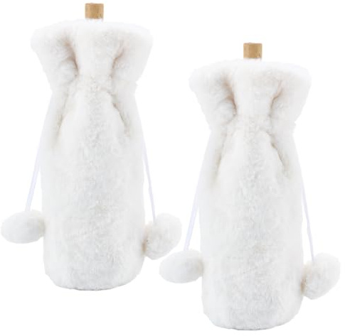 PH PandaHall 2pcs Housse de Bouteille de Vin de Noël Housse en Peluche Blanche Décoration de Bouteille en Fausse Fourrure Sac Cadeau Festif avec Cordon de Serrage pour Hiver Fêtes Décor Table Maison