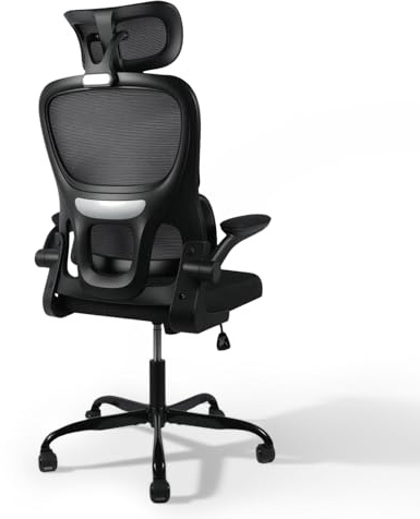 JAJALUYA Ergonomic Office Chair, Black Mesh, Adjustable 3D Lumbar Support, Flip-up Arms, Headrest, Swivel Base, 120cm Height, Modern Style, for Office Work