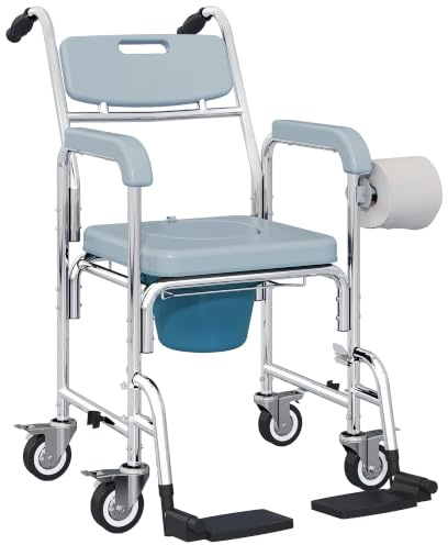 HOMCOM 4 in 1 Duschstuhl mit Rädern, Nachttisch-Toilettenrollstuhl mit Sitz, Rückenlehne, Armlehnen, Dusch-Toilettenstuhl für Senioren, Erwachsene, Verletzte oder Behinderte, Grau