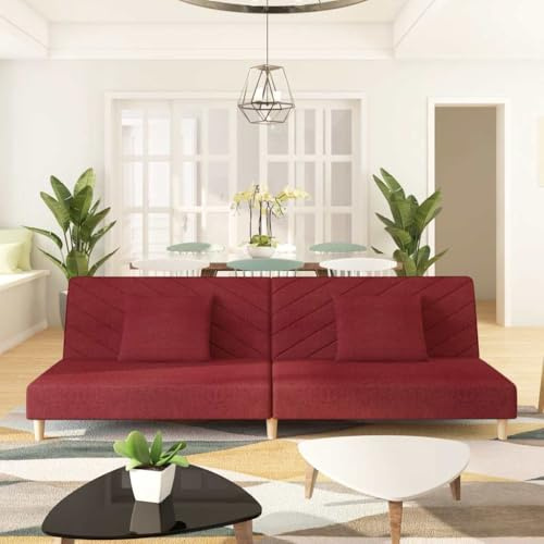 RMIHSJG Schlafsofa 2-Sitzer mit 2 Kissen Weinrot Stoff Sofabett Bettcouch Komfortabel Holzrahmen Stabiles Gästebett Wohnzimmermöbel