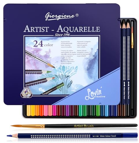 Buntstifte Aquarellstifte Set Farbstifte Künstlerfarbstift Wasservermalbare | 24 Farben Aquarell Stiften Holzmalstifte mit Blechdose und feinem Pinsel