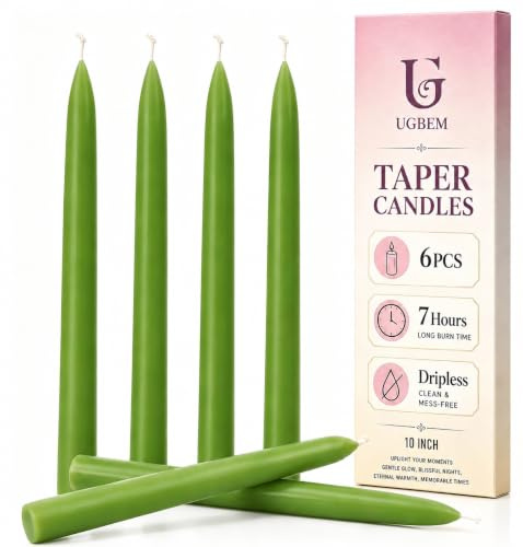 6 Pack Green Taper Candles 10 Inch | 7 Hours Burn Time, Non-Drip Paraffin Wax, Cotton Wicks, Household Decor