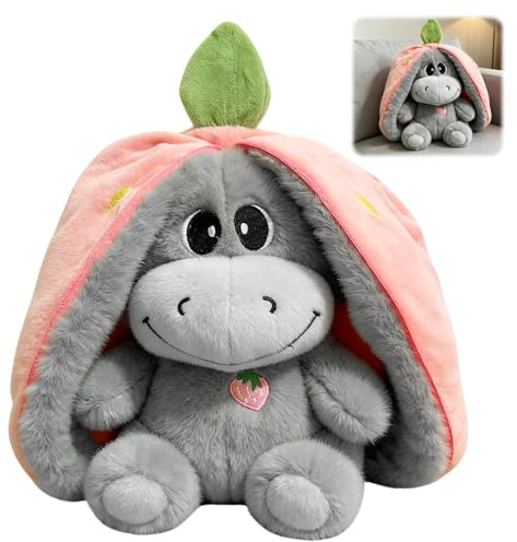 PLLYPE Atmendes Kuscheltier Esel, Herzschlag Plüsch Esel mit Atmung, Schlummer Kuscheltier Erdbeeresel mit Musik und Atembewegung, Weiches Erdbeer Avocado Plüschtier Puppe