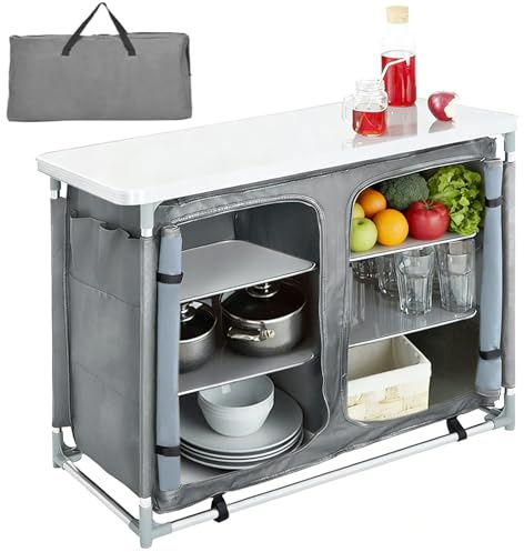 The Fellie Camping Kitchen Folding Camp cupboards Outdoor Kitchen Tables and Storage Units for Picnic and BBQ Grey, 100x50x80cm
