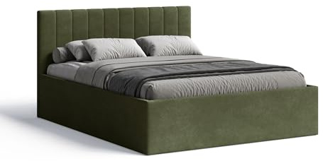 Meblofun Polsterbett RETTAN mit Kopfteil, 180x200 cm, Doppelbett mit Bettkasten und Lattenrost aus Holz, Velourstoff, Farbe: Hellgrün