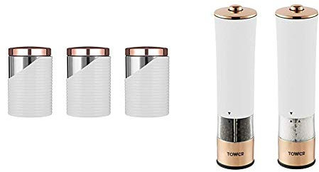 Tower Linear T826001RW Set of 3 Canisters with Air Tight Lid and Polished Stainless Steel, White and Rose Gold & T847003RW Electric Salt and Pepper Mills, Stainless Steel, White, 5.6 x 5.6 x 22.5 cm